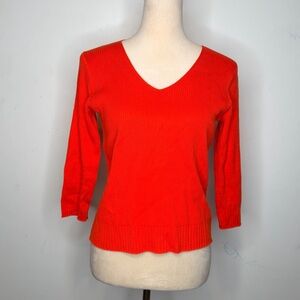 SANDRA Red Ribbed V-Neck Sweater - Classic Lightweight Knit Top Size S
